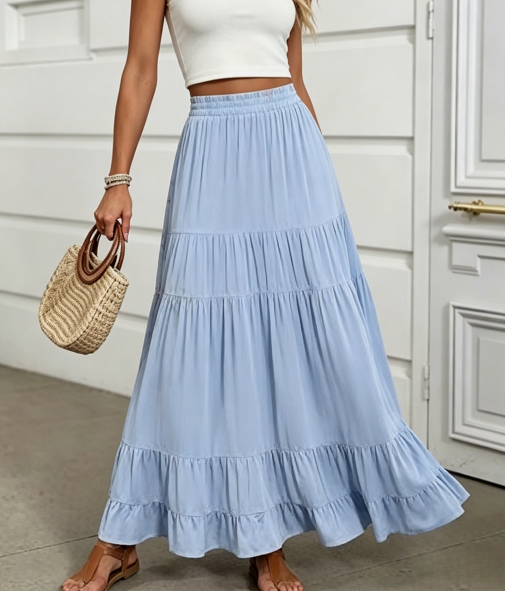 Flowy Maxi Skirt With Ruffled Tiers - Blue - 1