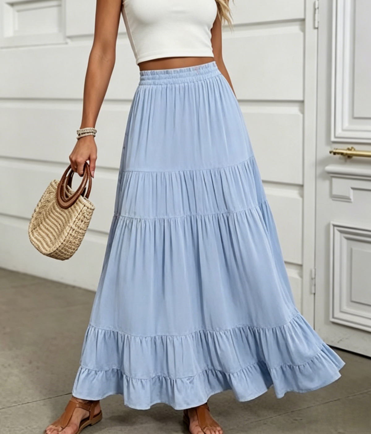 Flowy Maxi Skirt With Ruffled Tiers - Blue - 1