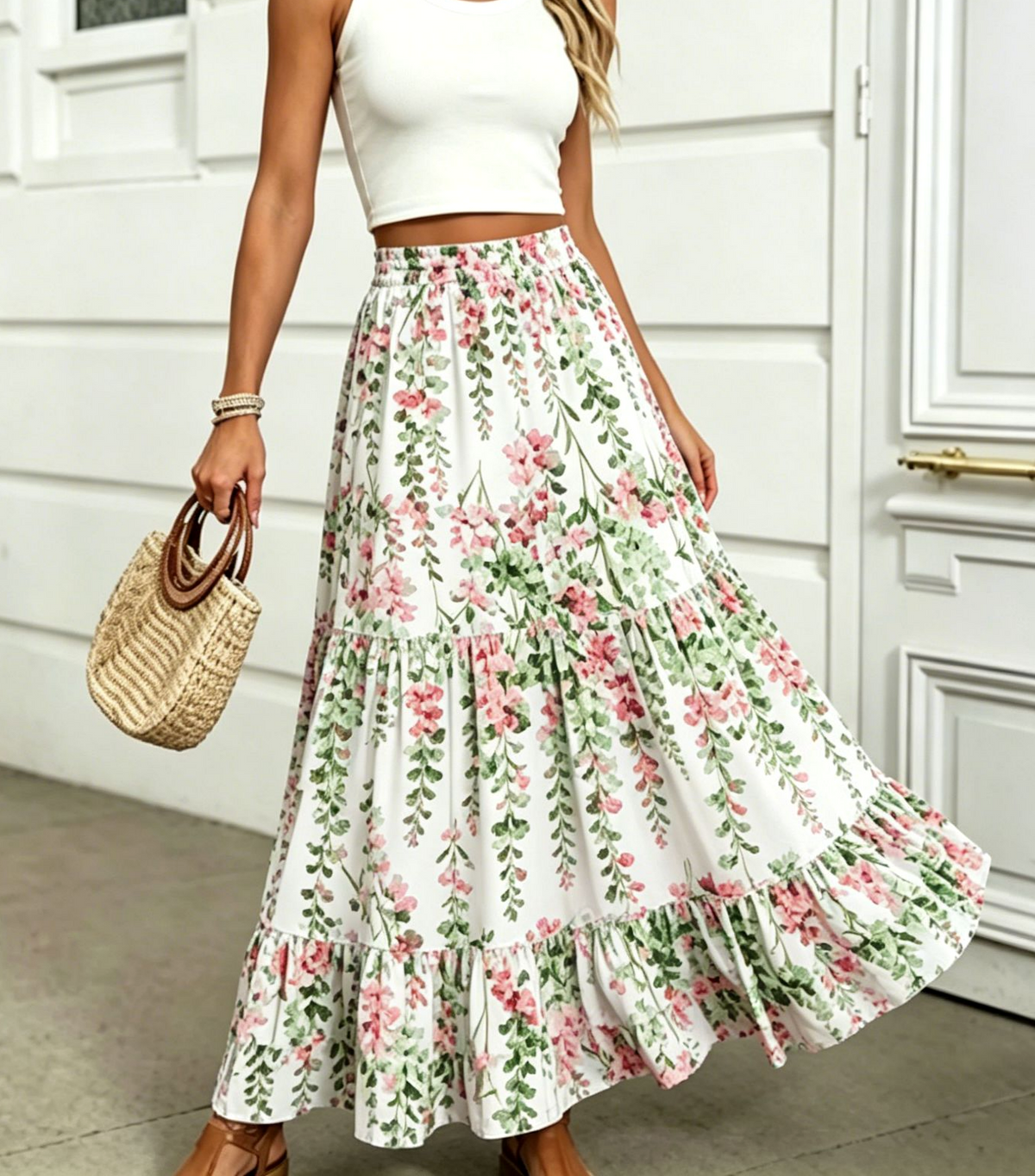 Flowy Maxi Skirt With Ruffled Tiers - Grass