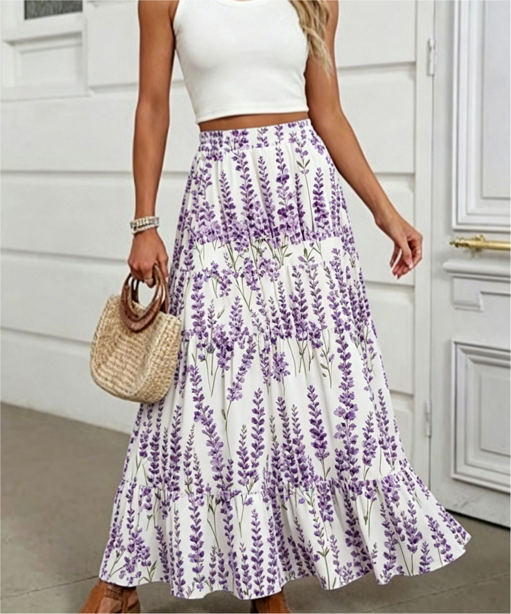 Flowy Maxi Skirt With Ruffled Tiers - Purple