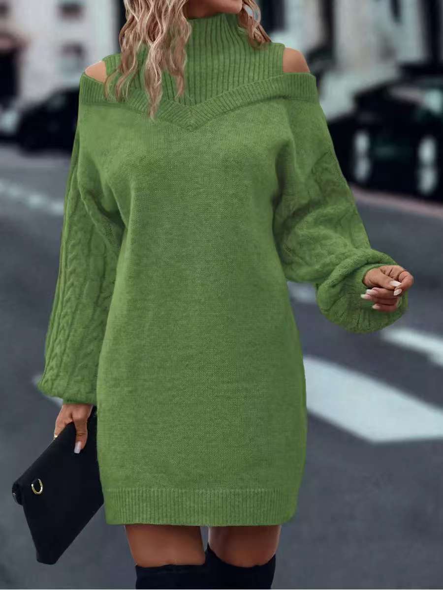 Cold Shoulder Turtleneck Sweater Mini Dress - Green