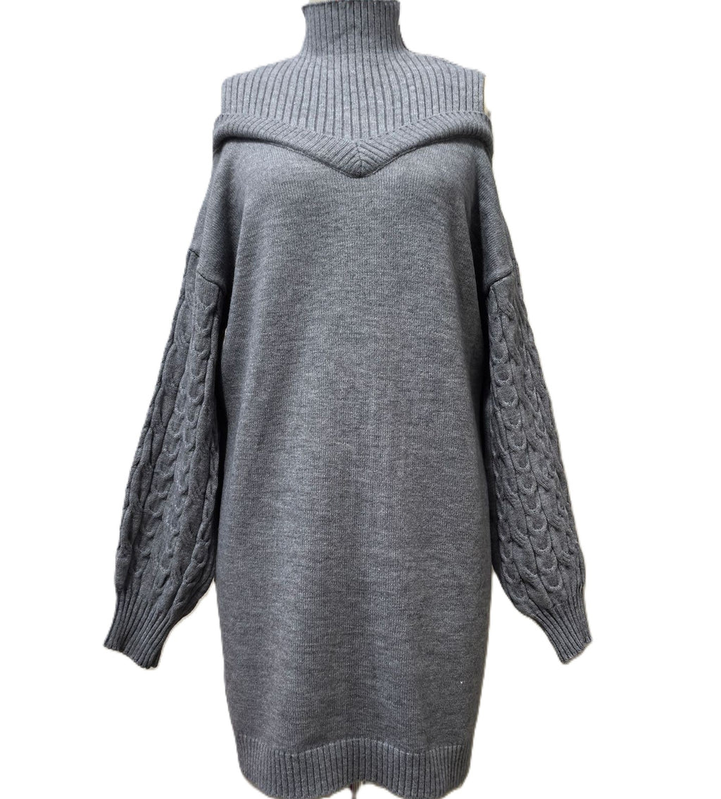 Cold Shoulder Turtleneck Sweater Mini Dress - Grey