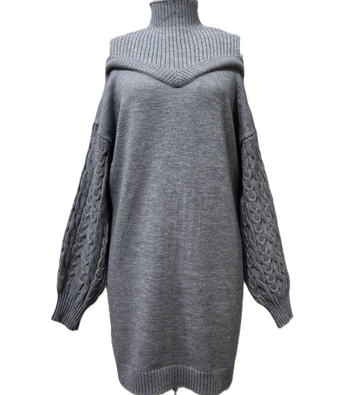 Cold Shoulder Turtleneck Sweater Mini Dress - Grey