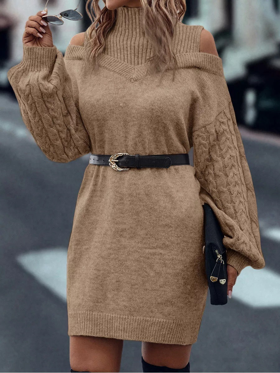 Cold Shoulder Turtleneck Sweater Mini Dress - Khaki