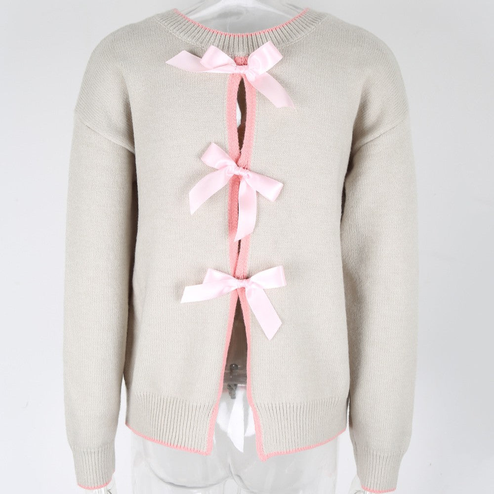 Bow Tie Open Back Crew Neck Sweater - Grey