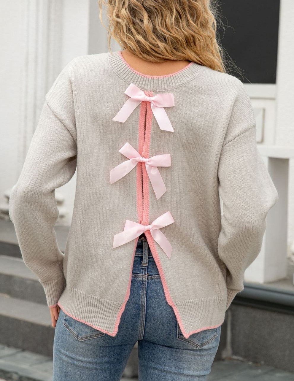 Bow Tie Open Back Crew Neck Sweater - Grey - 1