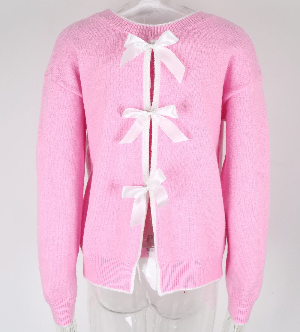 Bow Tie Open Back Crew Neck Sweater - Pink - 1