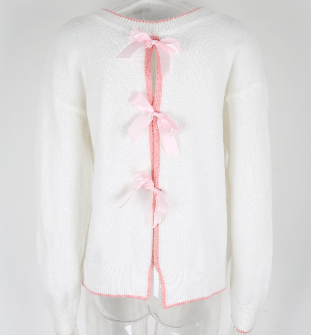 Bow Tie Open Back Crew Neck Sweater - White - 1