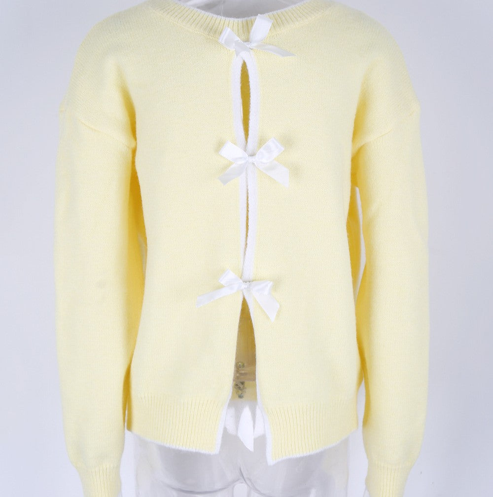 Bow Tie Open Back Crew Neck Sweater - Yellow