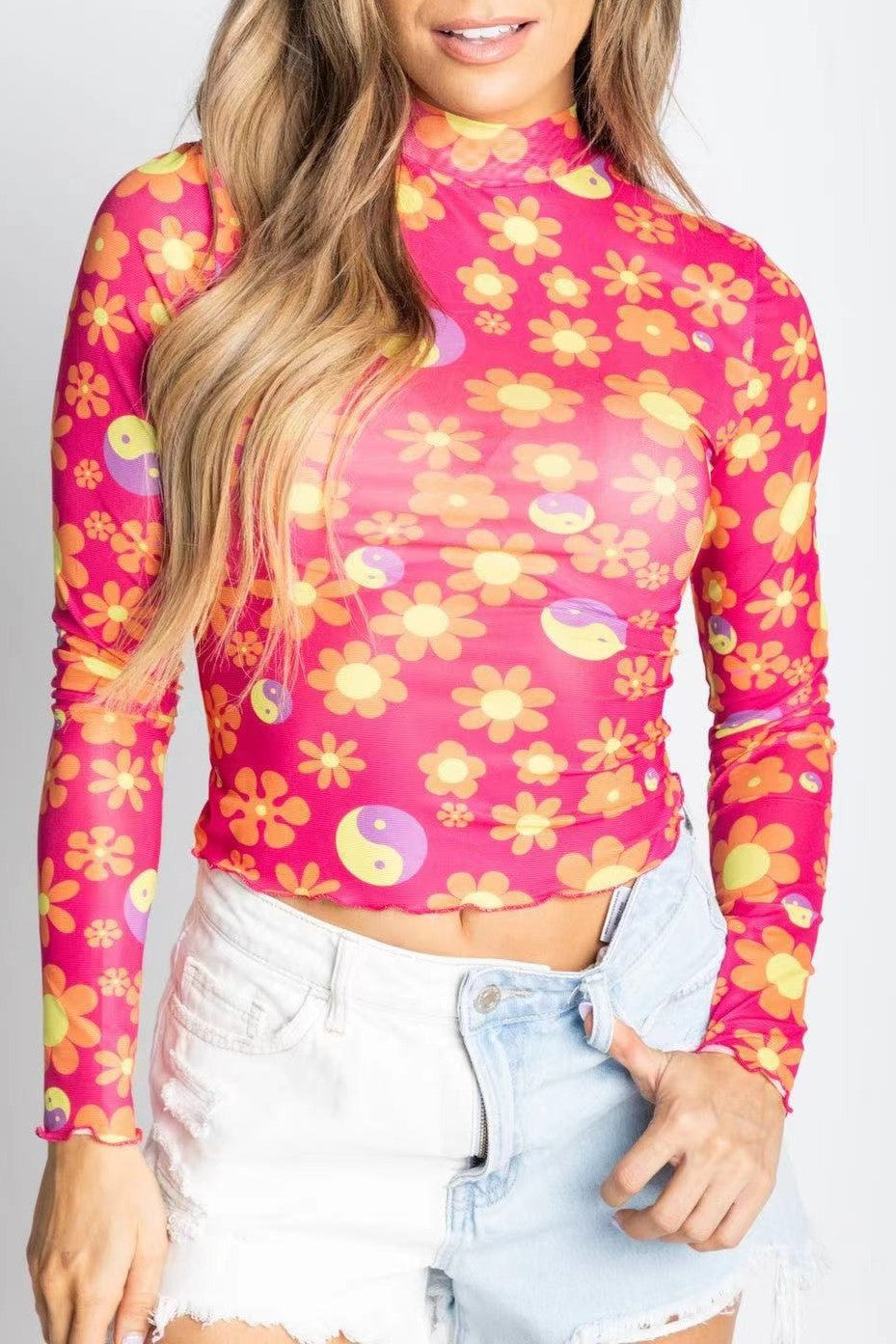 Semi Sheer Mesh High Neck Fitted Top - Fuchsai
