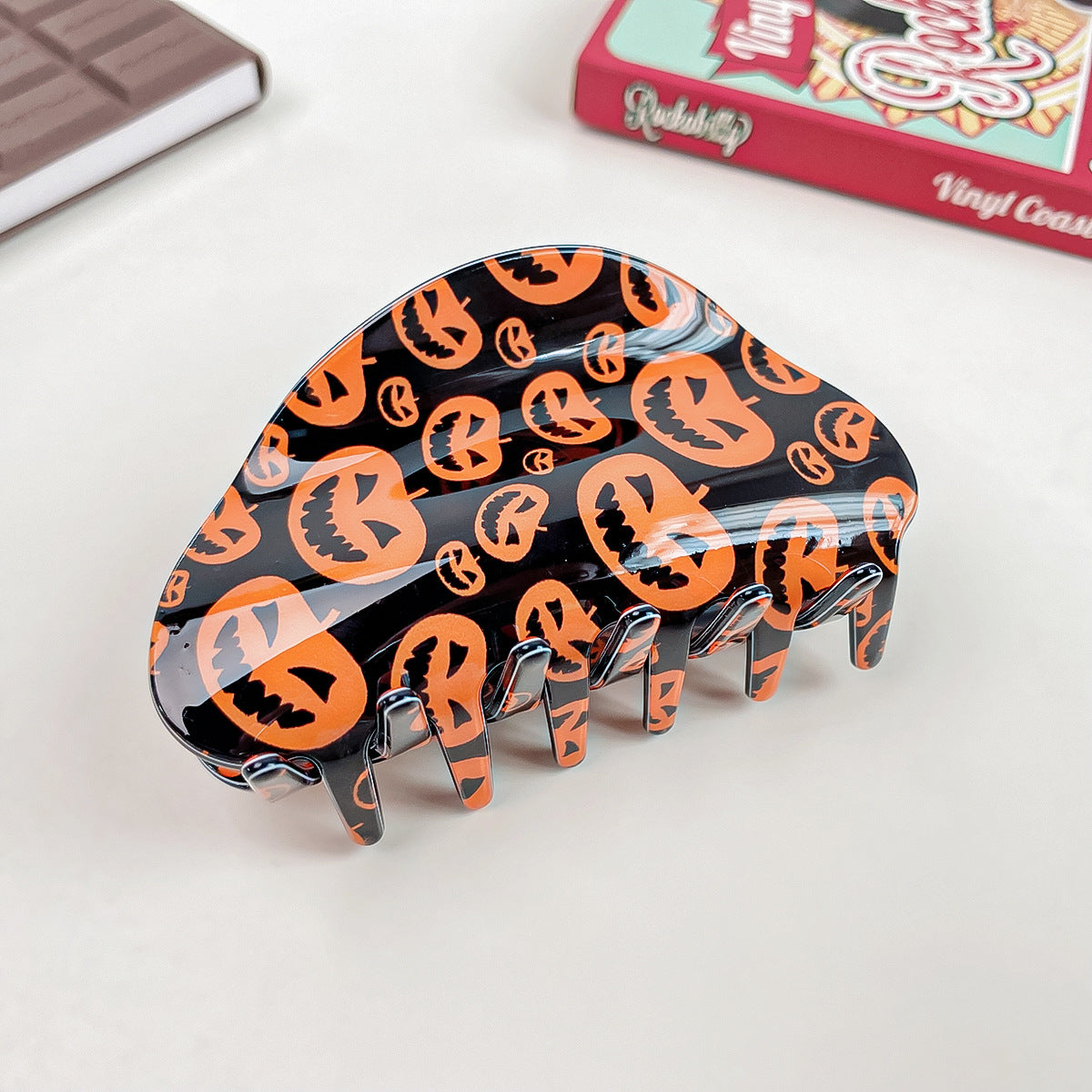 Halloween Print Semi Circle Hair Claw Clip - Pumpkin