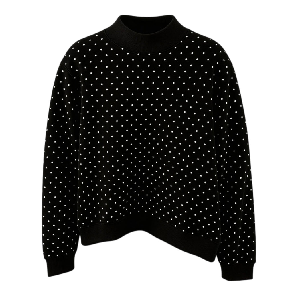 Dotted Mock Neck Pullover Sweatshirt with Ribbed Hem - Black