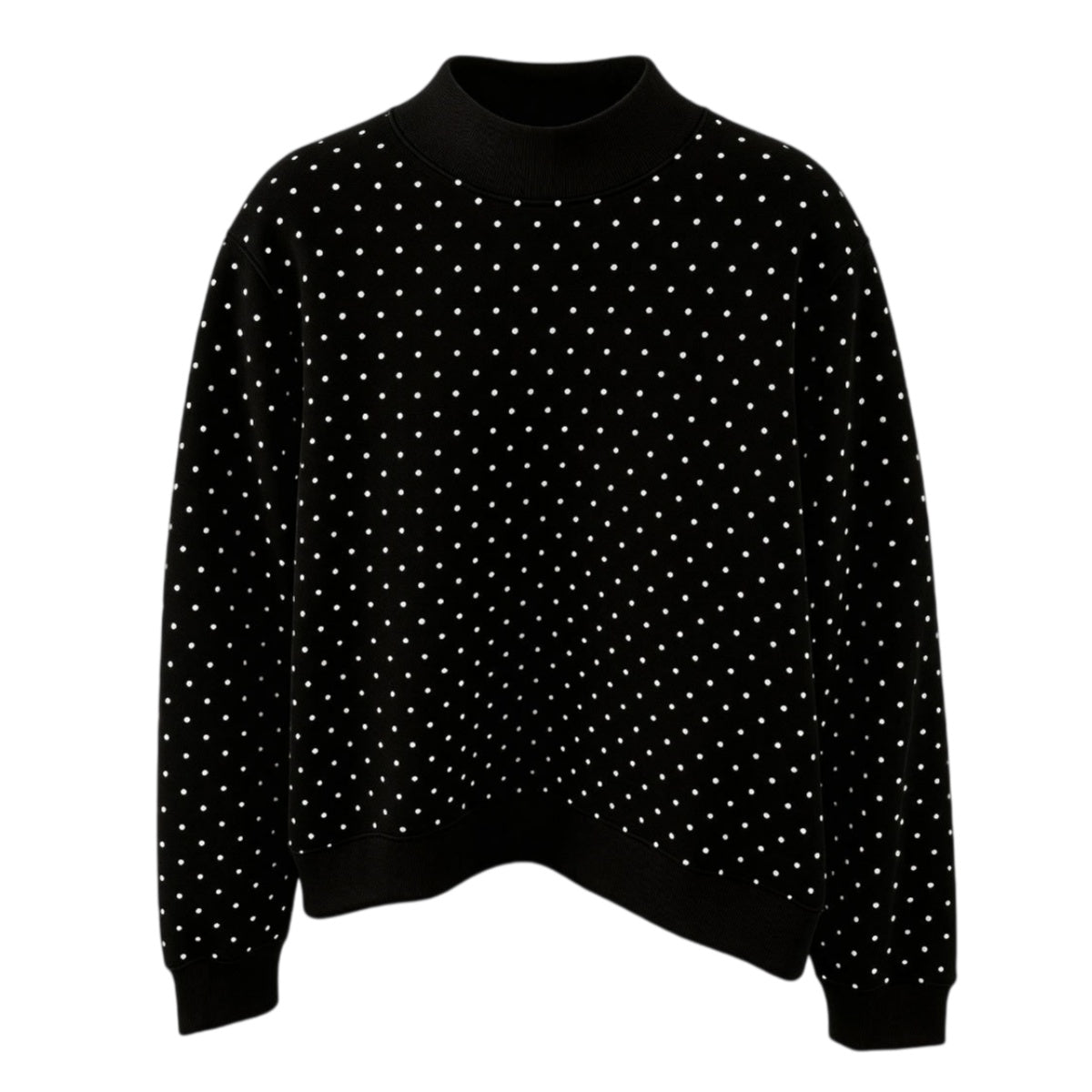 Dotted Mock Neck Pullover Sweatshirt with Ribbed Hem - Black