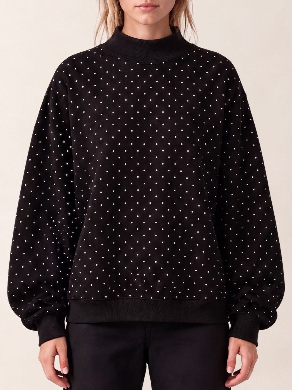 Dotted Mock Neck Pullover Sweatshirt with Ribbed Hem - Black - 2