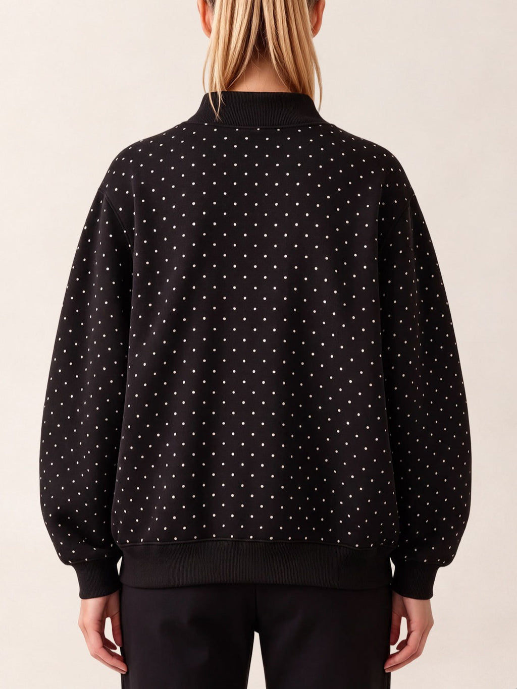 Dotted Mock Neck Pullover Sweatshirt with Ribbed Hem - Black - 3