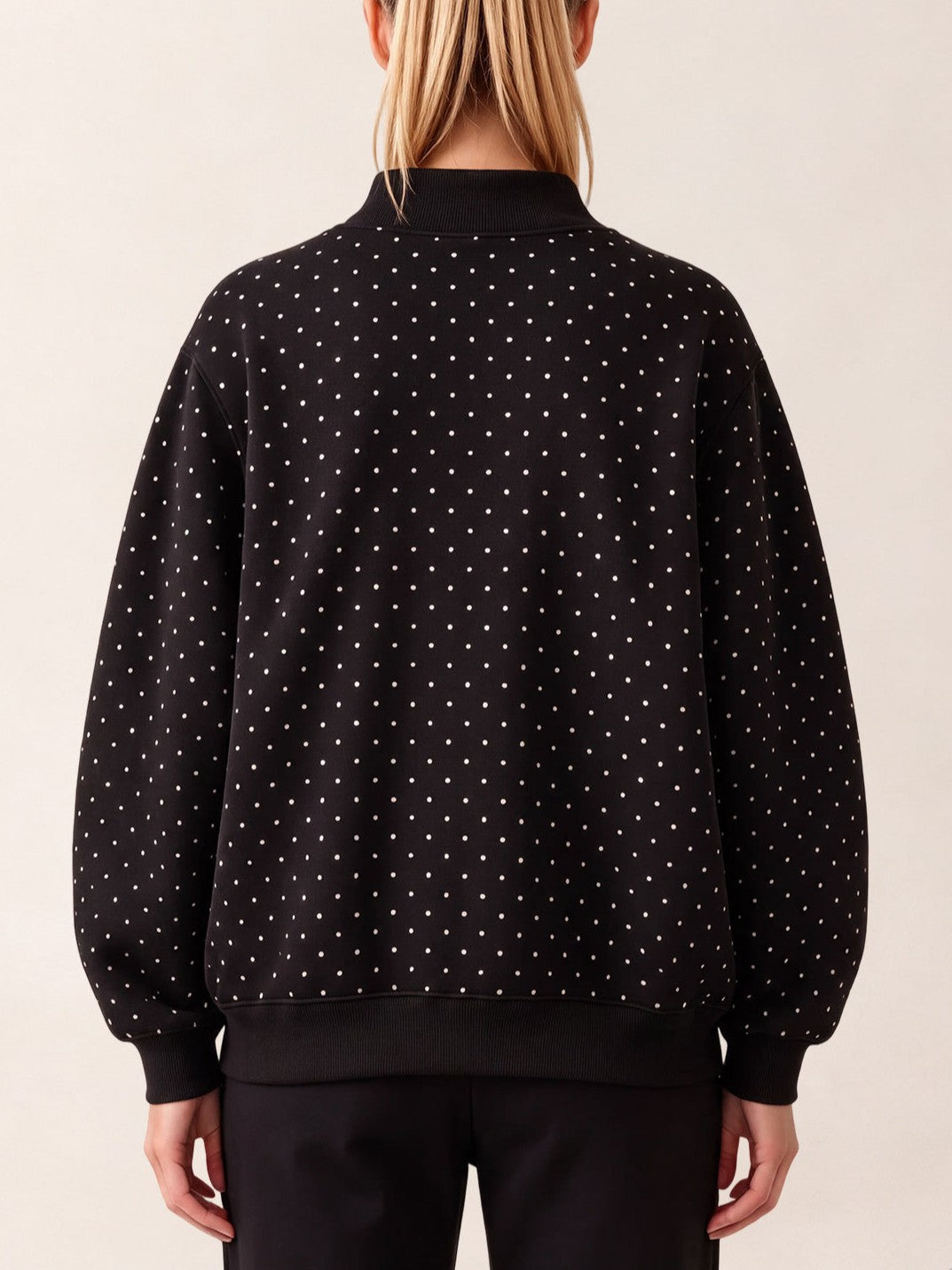 Dotted Mock Neck Pullover Sweatshirt with Ribbed Hem - Black - 3