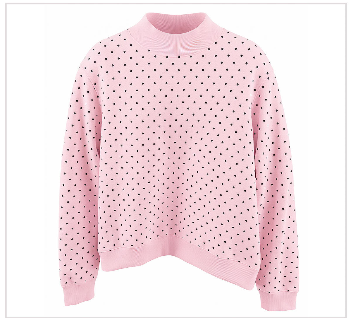 Dotted Mock Neck Pullover Sweatshirt with Ribbed Hem - Pink