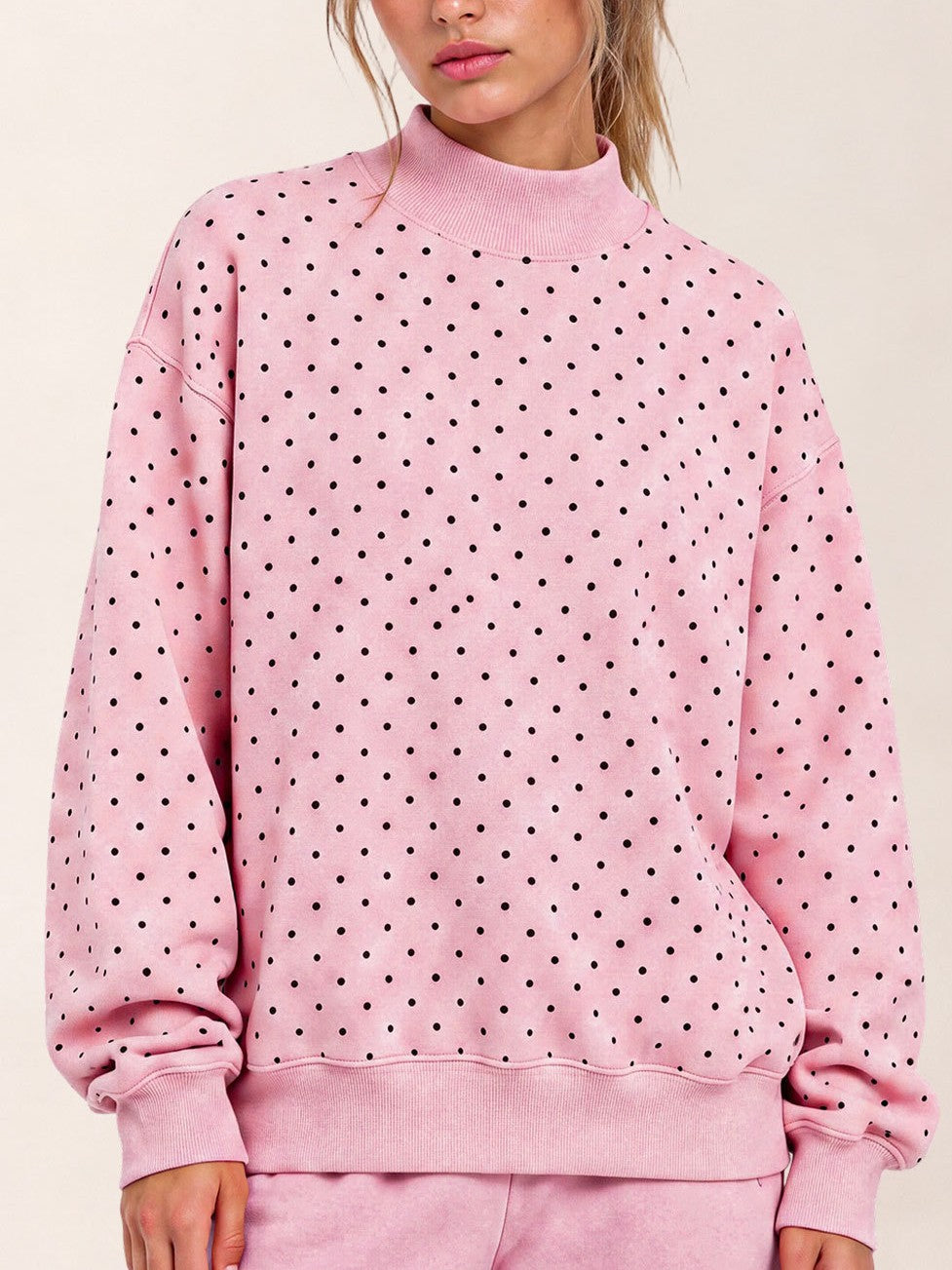Dotted Mock Neck Pullover Sweatshirt with Ribbed Hem - Pink - 2