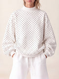 Dotted Mock Neck Pullover Sweatshirt with Ribbed Hem - White