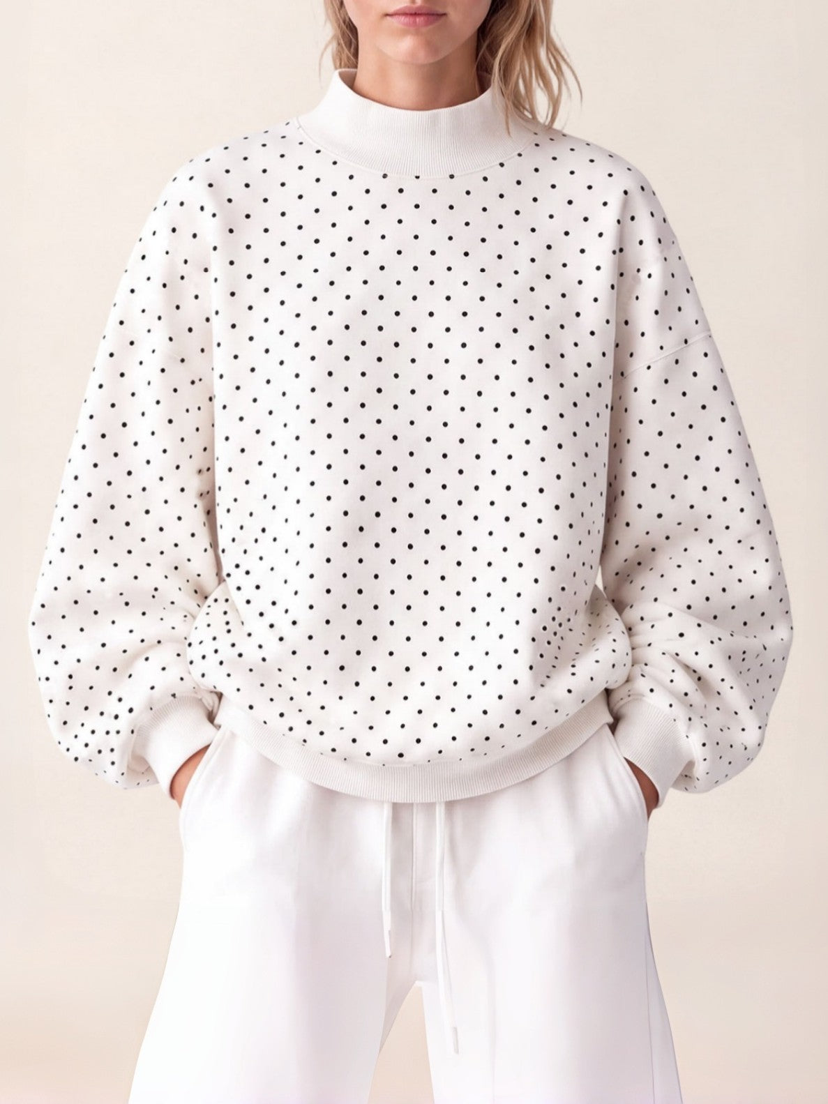 Dotted Mock Neck Pullover Sweatshirt with Ribbed Hem - White