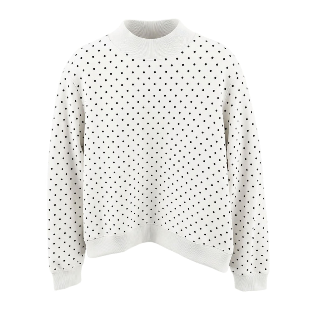 Dotted Mock Neck Pullover Sweatshirt with Ribbed Hem - White - 1