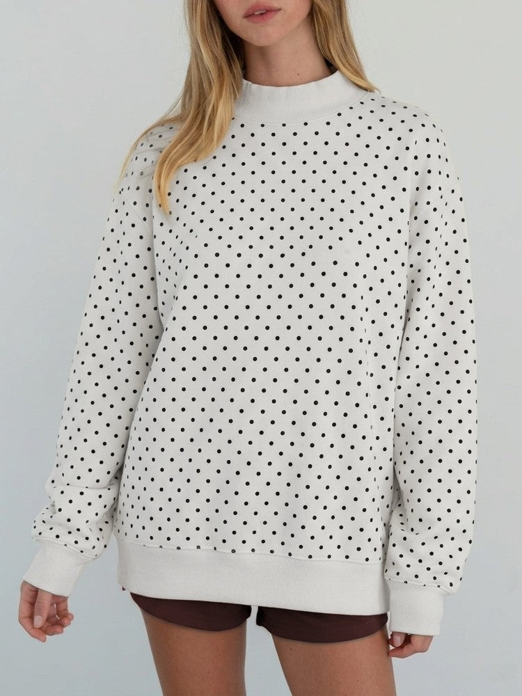 Dotted Mock Neck Pullover Sweatshirt with Ribbed Hem - White - 3