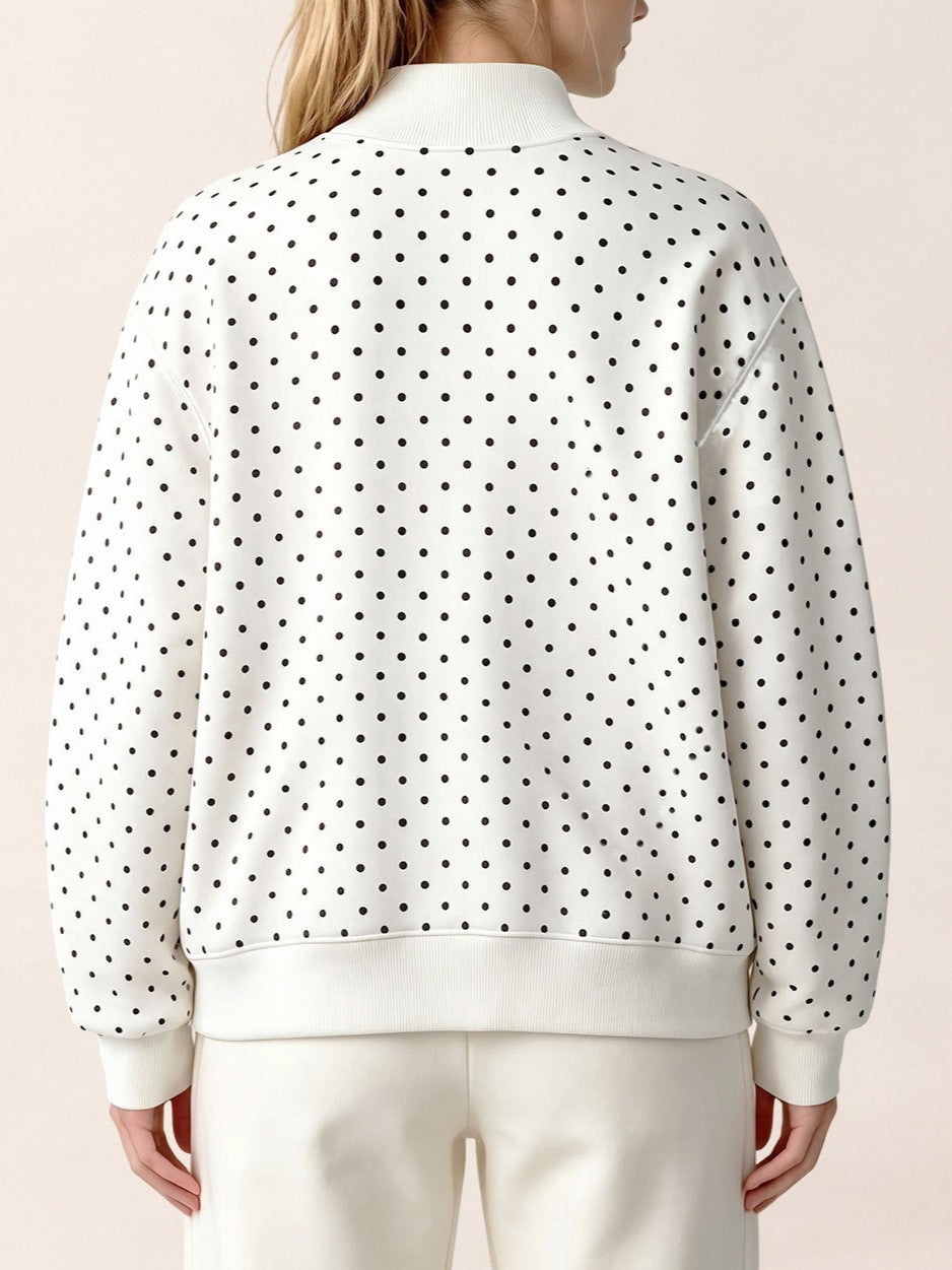 Dotted Mock Neck Pullover Sweatshirt with Ribbed Hem - White - 4