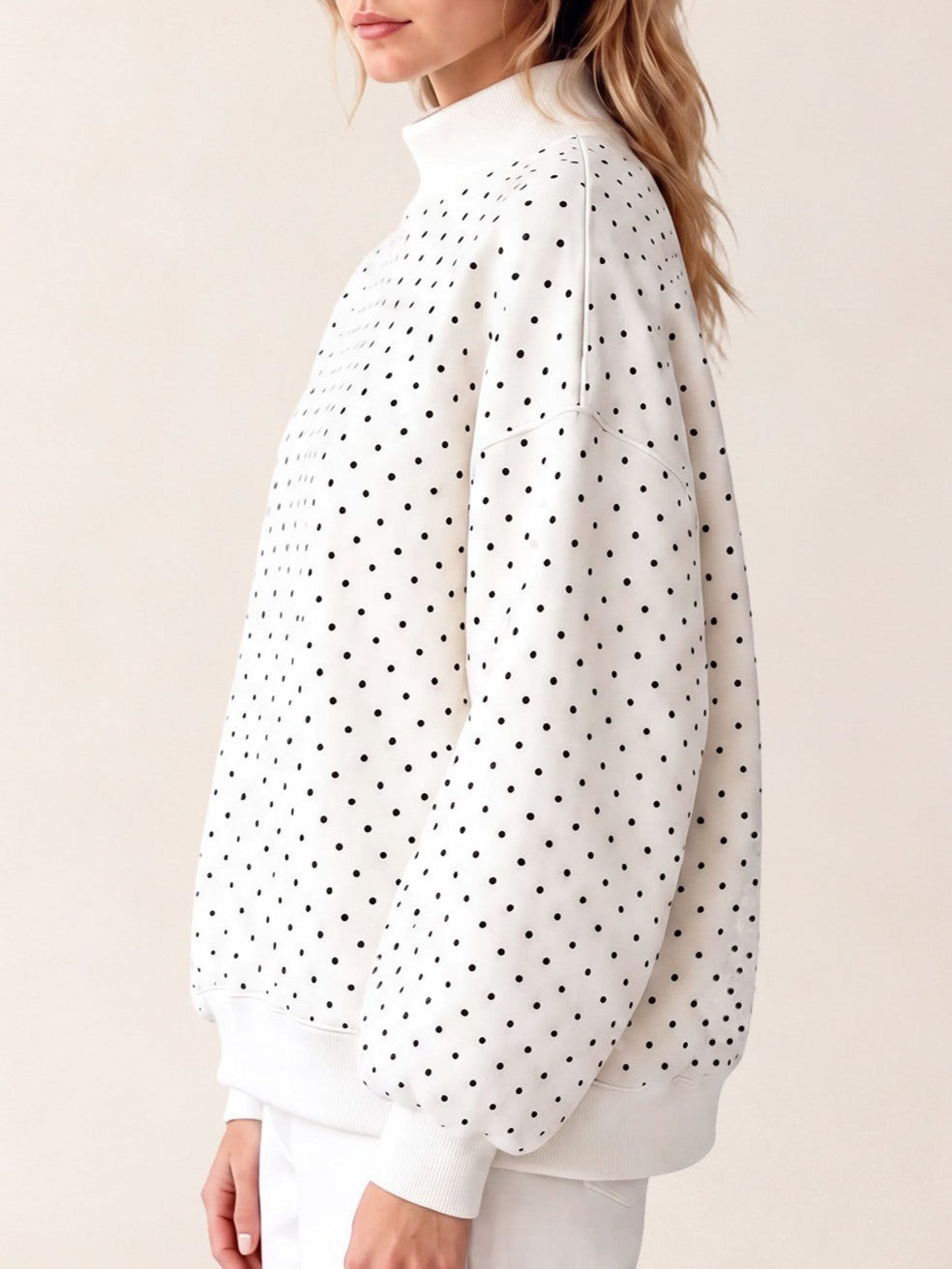 Dotted Mock Neck Pullover Sweatshirt with Ribbed Hem - White - 5