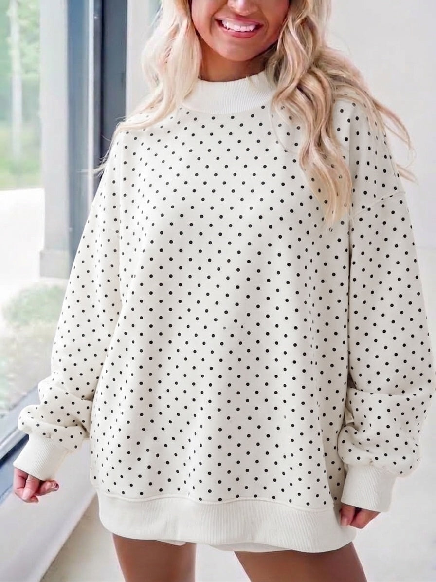 Dotted Mock Neck Pullover Sweatshirt with Ribbed Hem - White - 8