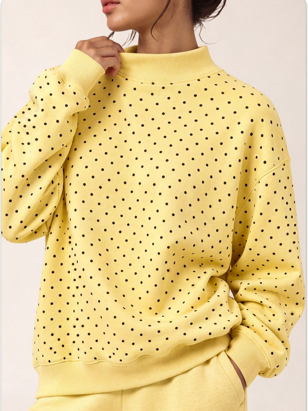 Dotted Mock Neck Pullover Sweatshirt with Ribbed Hem - Yellow - 2