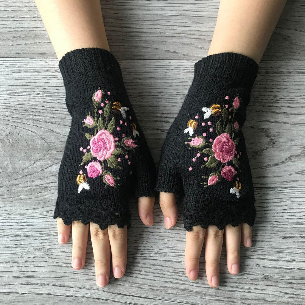 Floral Embroidered Fingerless Knit Gloves - Black