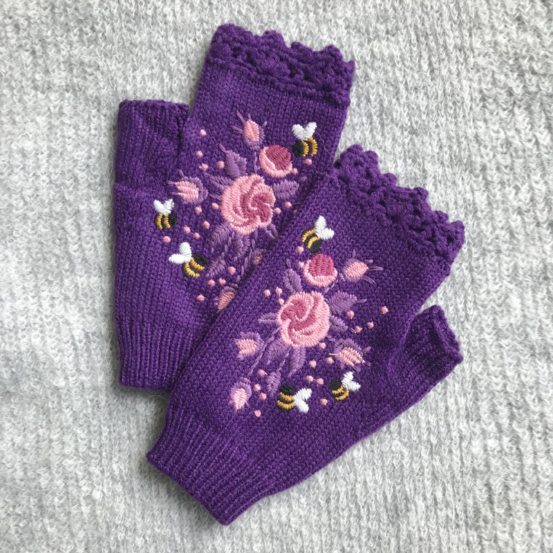 Floral Embroidered Fingerless Knit Gloves - DkPurple