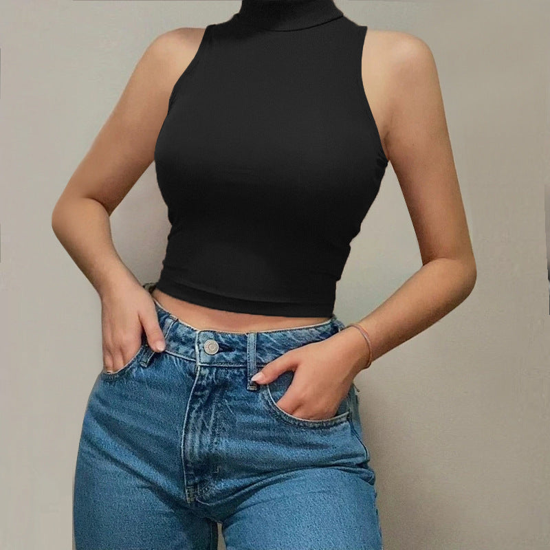 Mock Neck Sleeveless Crop Tank Top - Black - 1