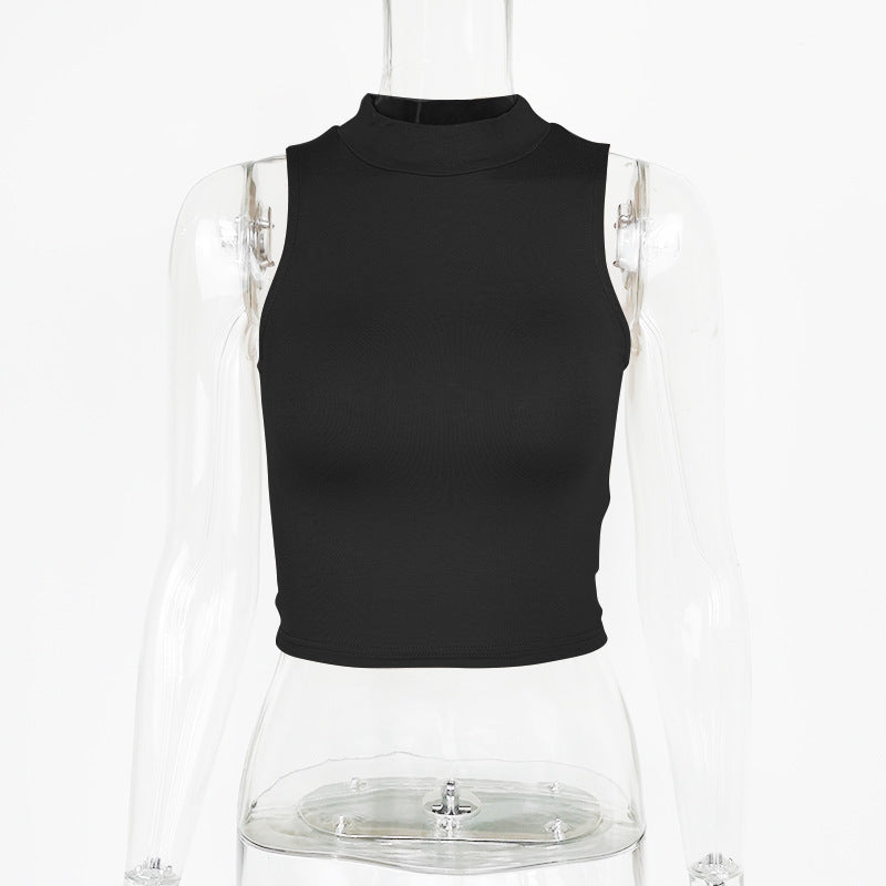 Mock Neck Sleeveless Crop Tank Top - Black - 2