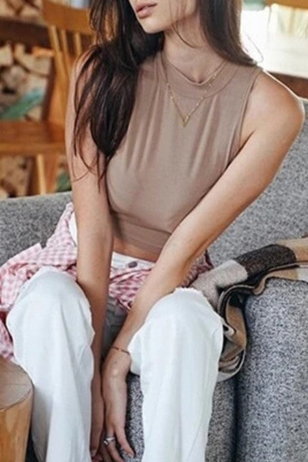 Mock Neck Sleeveless Crop Tank Top - Brownie - 1