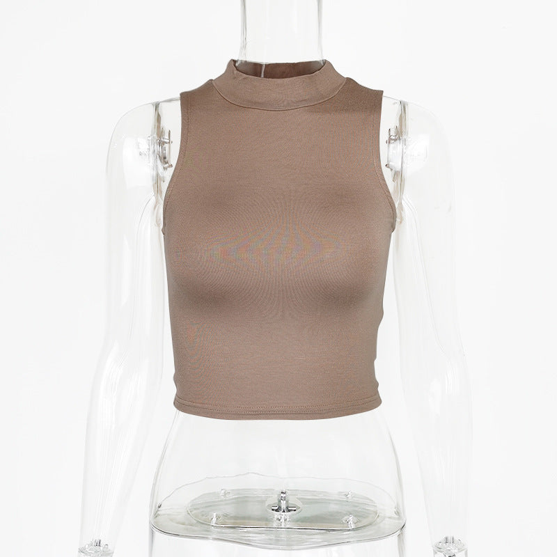 Mock Neck Sleeveless Crop Tank Top - Brownie - 3