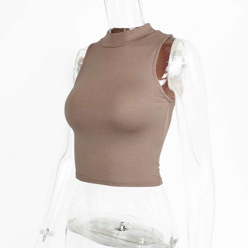 Mock Neck Sleeveless Crop Tank Top - Brownie - 5