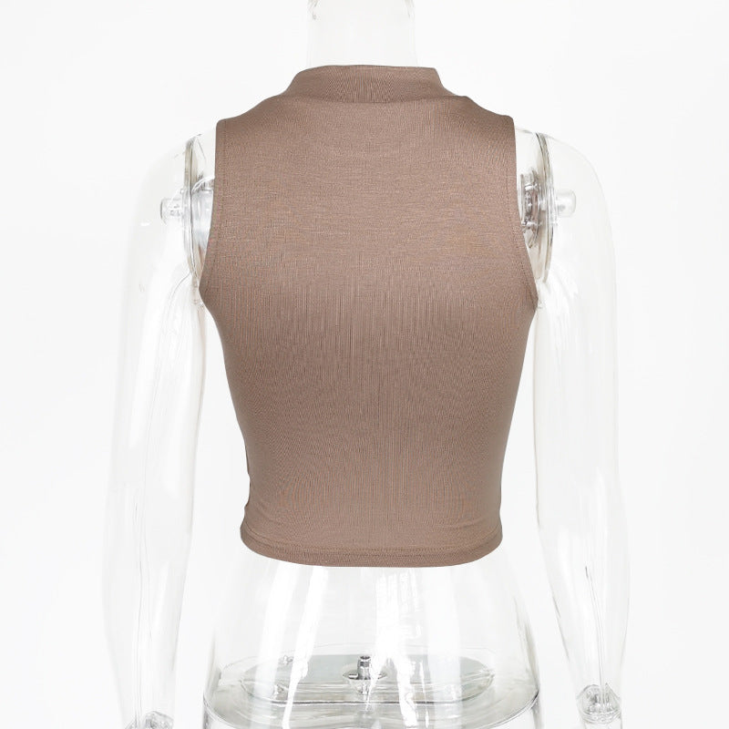 Mock Neck Sleeveless Crop Tank Top - Brownie - 6