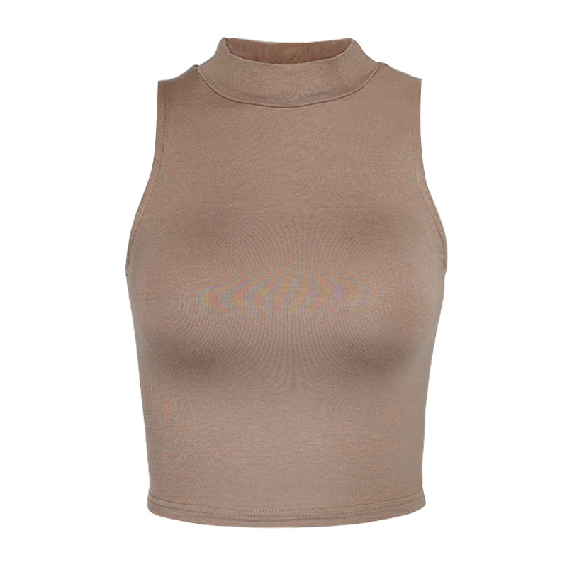 Mock Neck Sleeveless Crop Tank Top - Brownie - 7