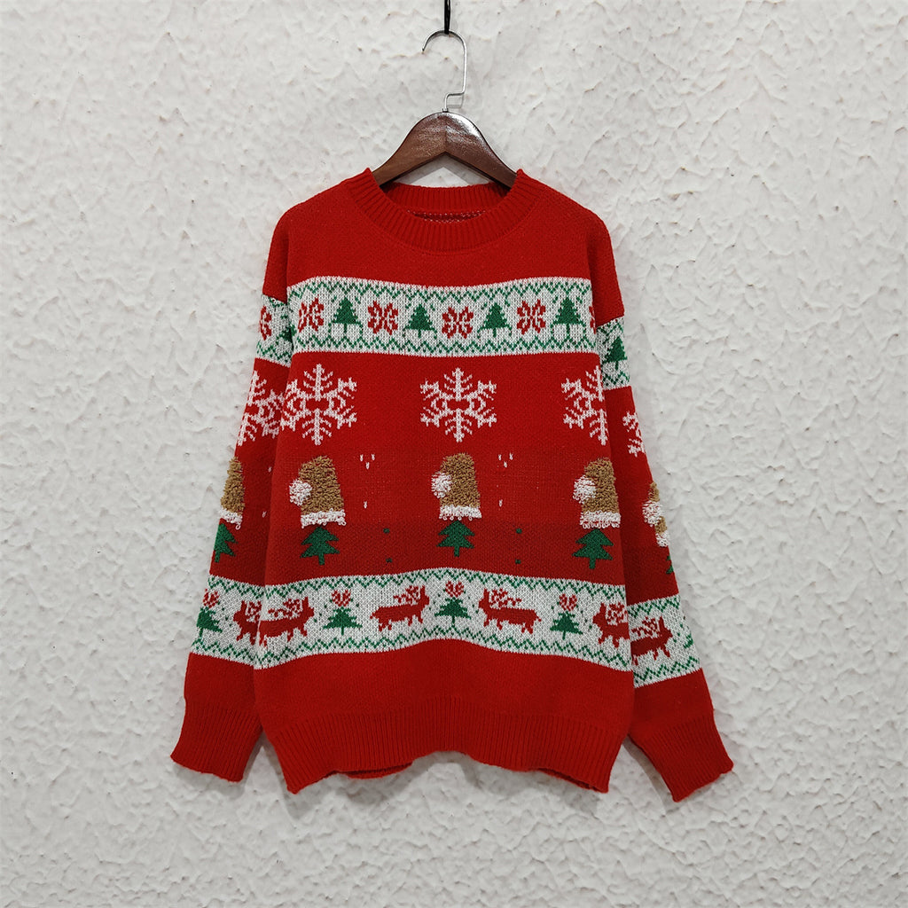 Patchwork Snowflake Stripe Christmas Sweater - Red