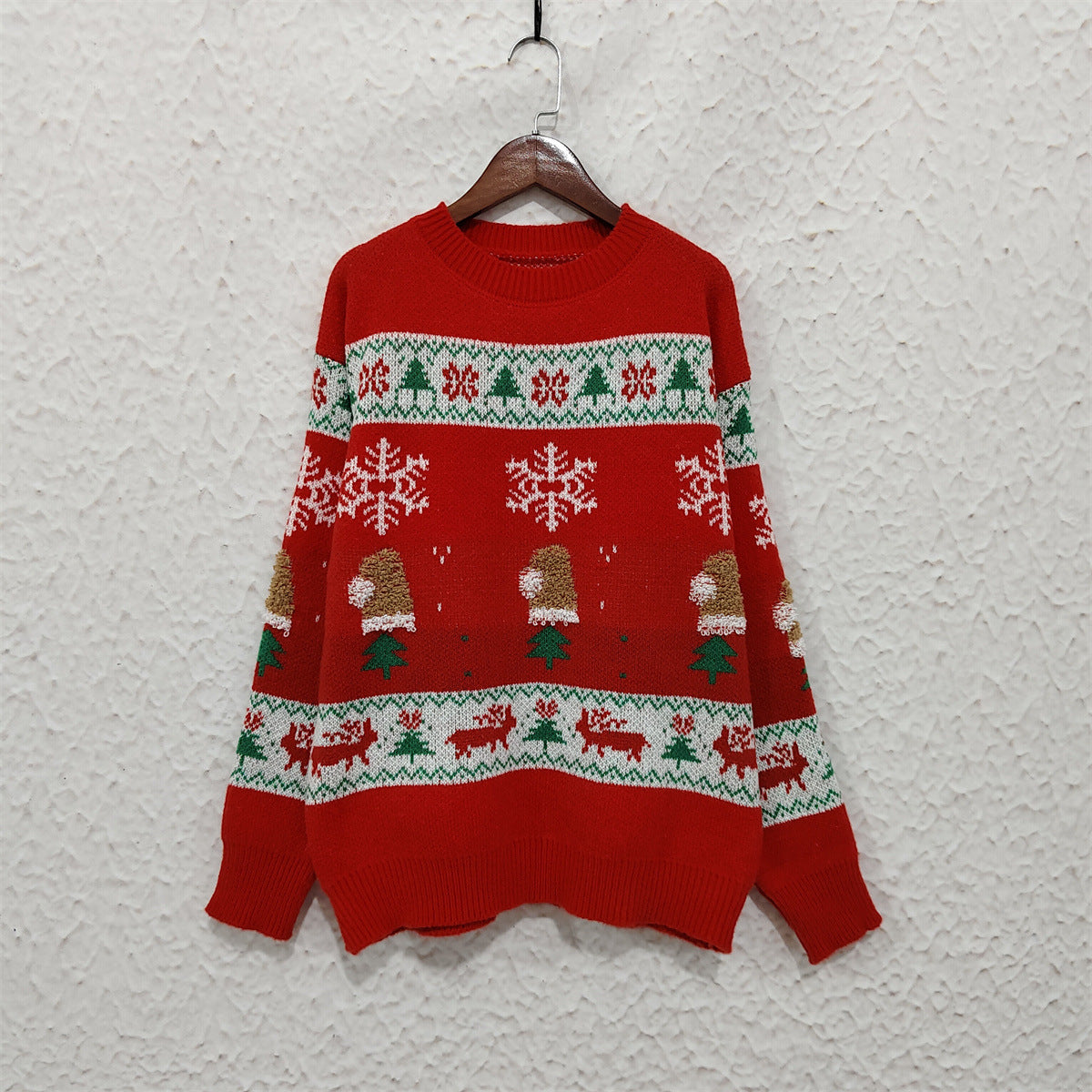 Patchwork Snowflake Stripe Christmas Sweater - Red