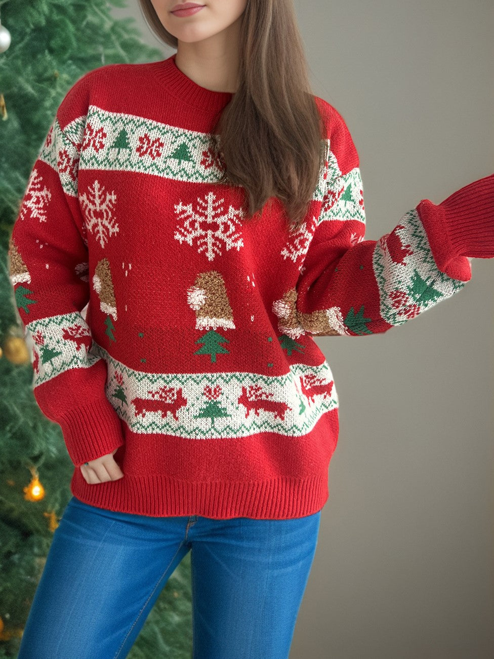 Patchwork Snowflake Stripe Christmas Sweater - Red - 4