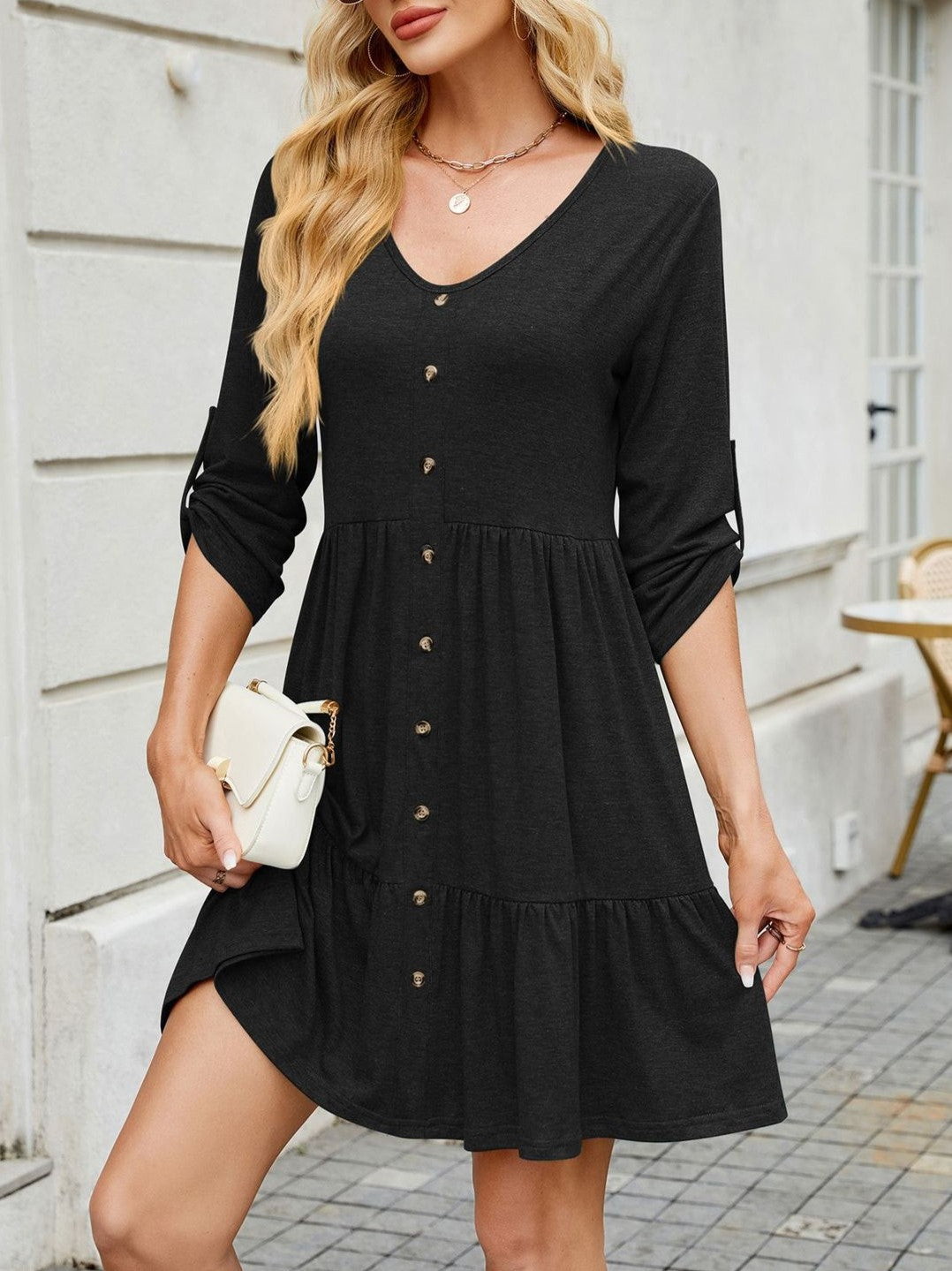 Button Front Tiered Knit Swing Dress - Black