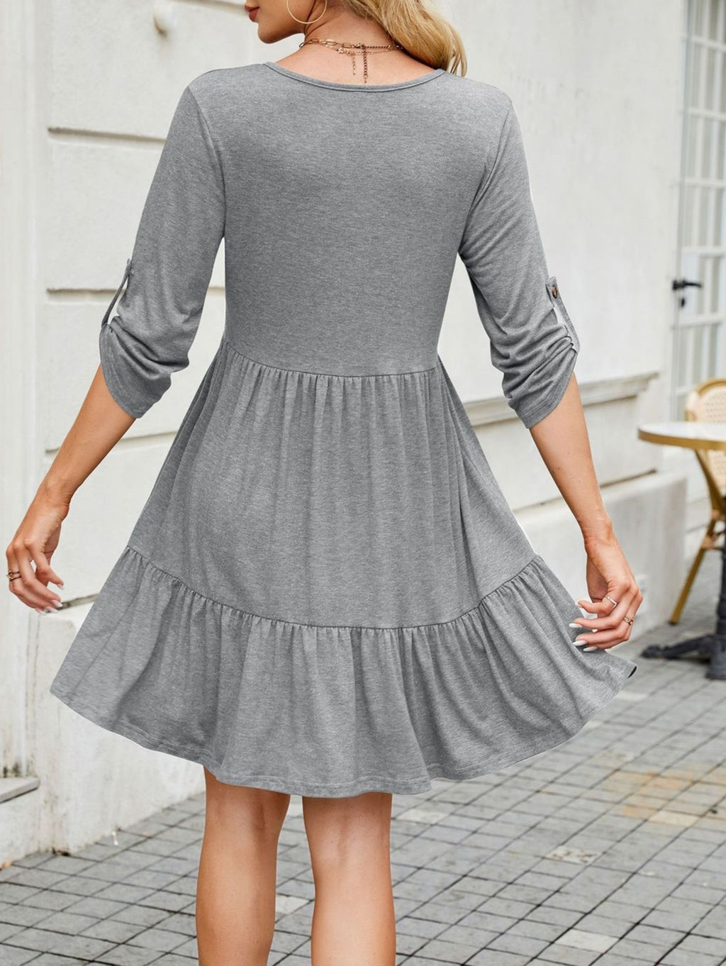 Button Front Tiered Knit Swing Dress - Grey - 1