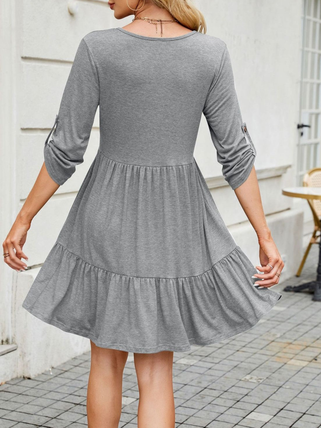 Button Front Tiered Knit Swing Dress - Grey - 1