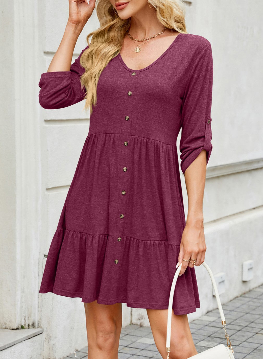 Button Front Tiered Knit Swing Dress - Winered