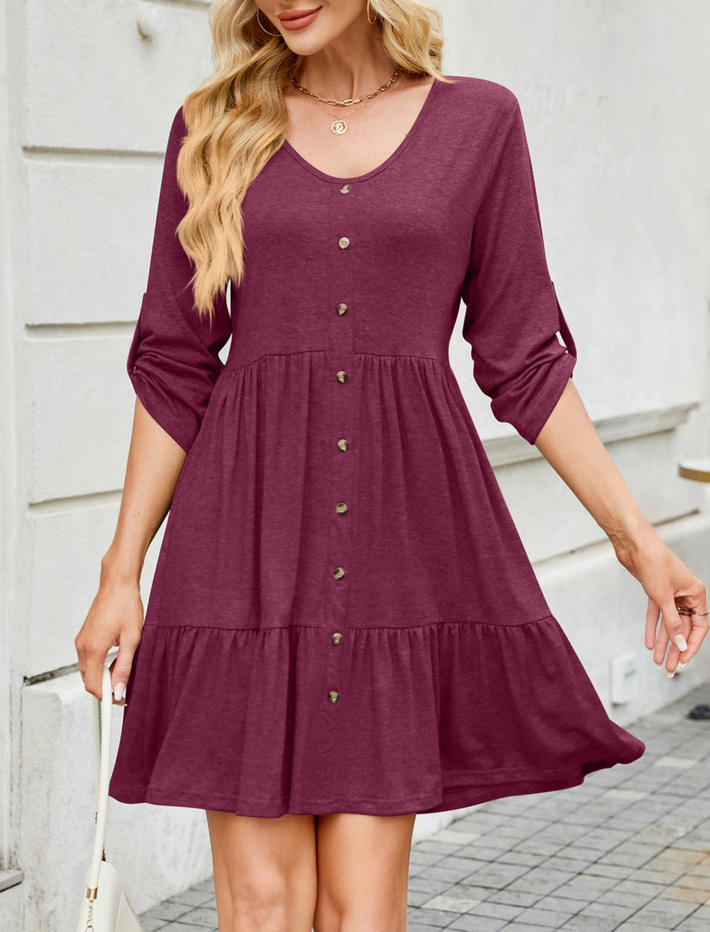 Button Front Tiered Knit Swing Dress