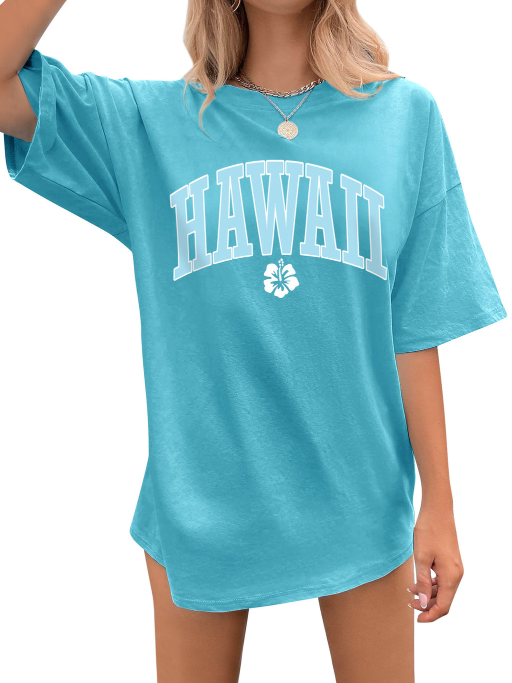 Hawaii Varsity Print Oversized Tee - Blue