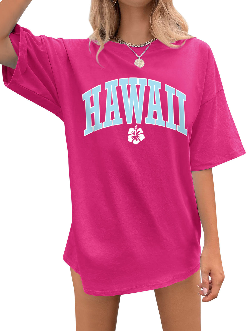 Hawaii Varsity Print Oversized Tee - Fuchsia