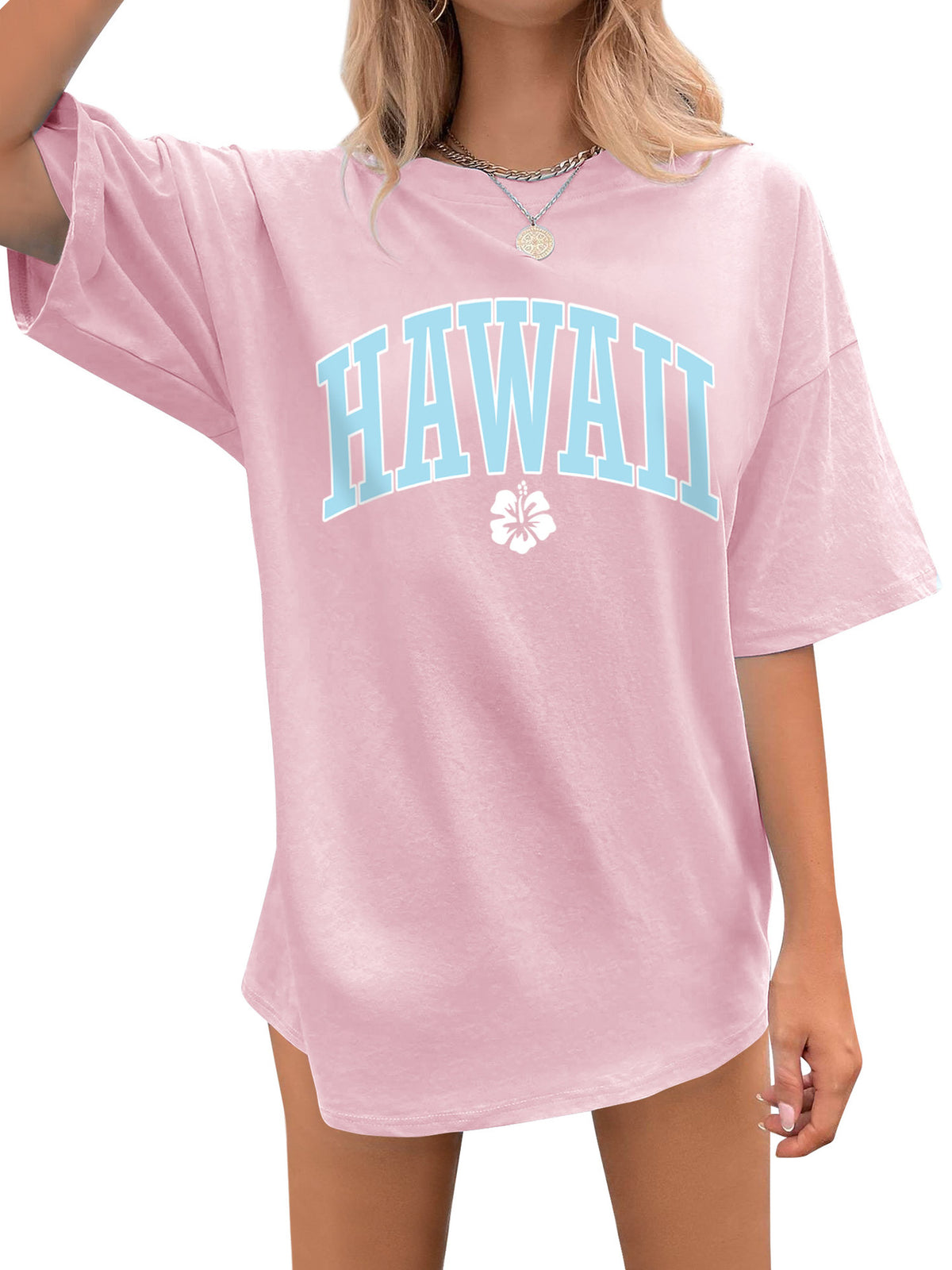 Hawaii Varsity Print Oversized Tee - Pink